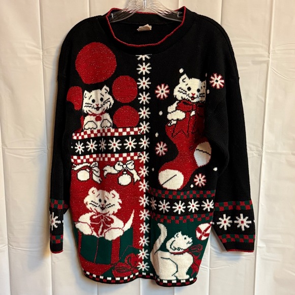 Holiday Time Ugly Christmas Sweater Cats Stockings Black Medium - Picture 1 of 4